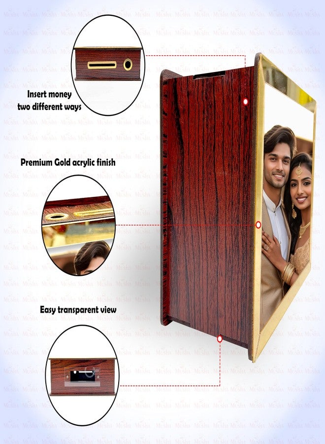 MUSHA Reusable Wooden Modern Money Saving Box | MDF Piggy Bank with Gold Acrylic Borders | 6x4, 6x8, 12x8 Inch | Custom Photo & Savings Tracker | Dual Slot Design | Transparent Bottom Cover (6x8) - Image 4